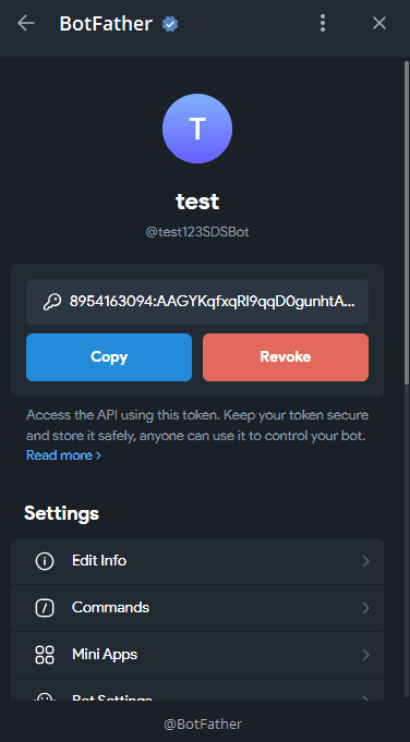 Copying the API token from BotFather