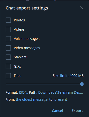 Telegram export progress and completion status
