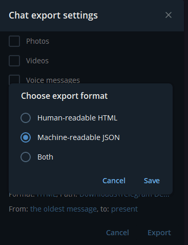 Telegram export settings showing JSON format and date range selection