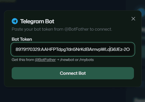 Connecting the Telegram bot inside the Vela dashboard